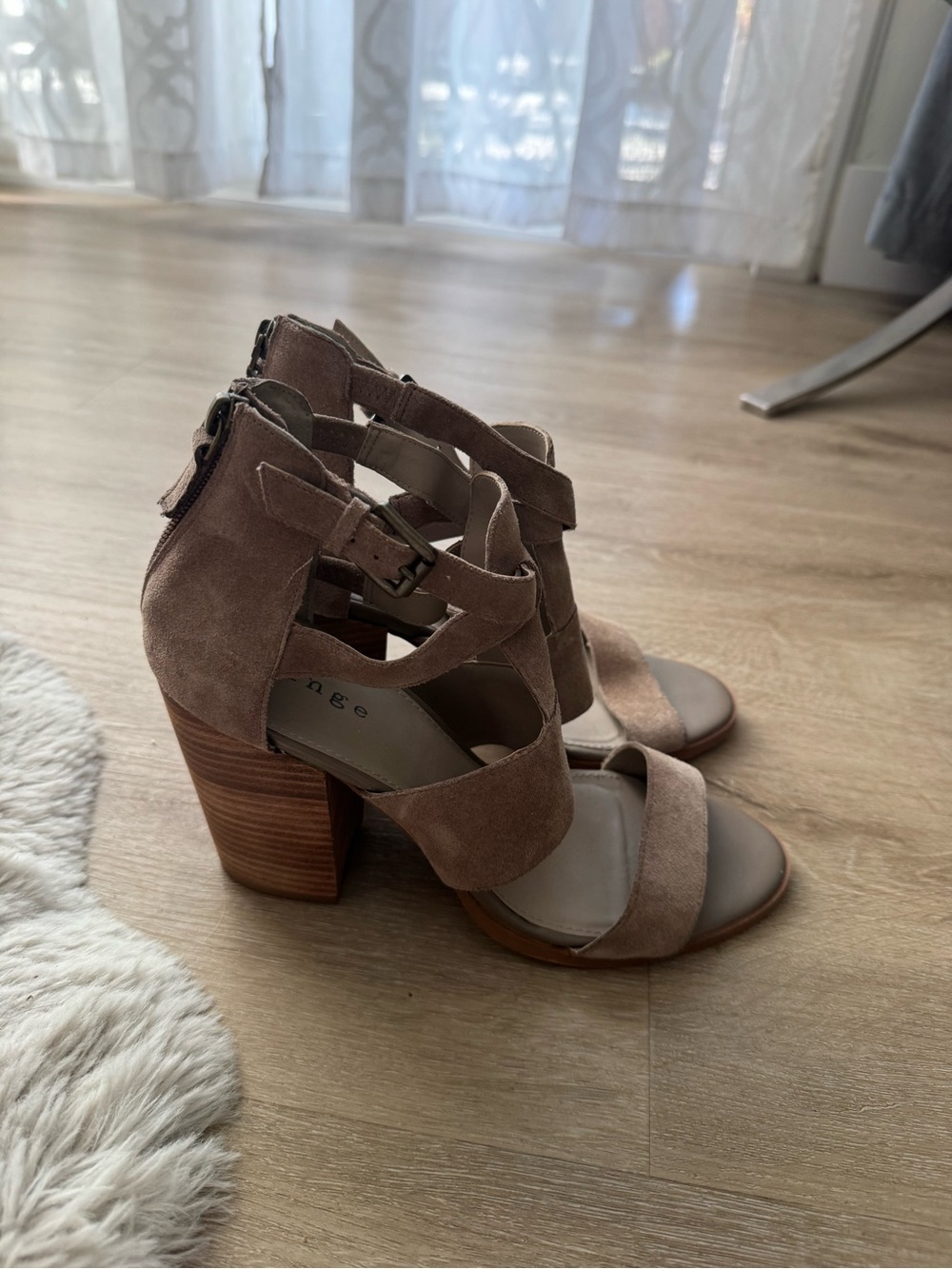 hinge Taupe Suede Block Heel Sandals